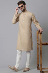 Buy Men's Beige Cotton Stripes Long Kurta Online - KARMAPLACE