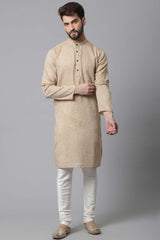 Buy Men's Beige Cotton Stripes Long Kurta Online - KARMAPLACE