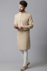 Buy Men's Beige Cotton Stripes Long Kurta Online - KARMAPLACE