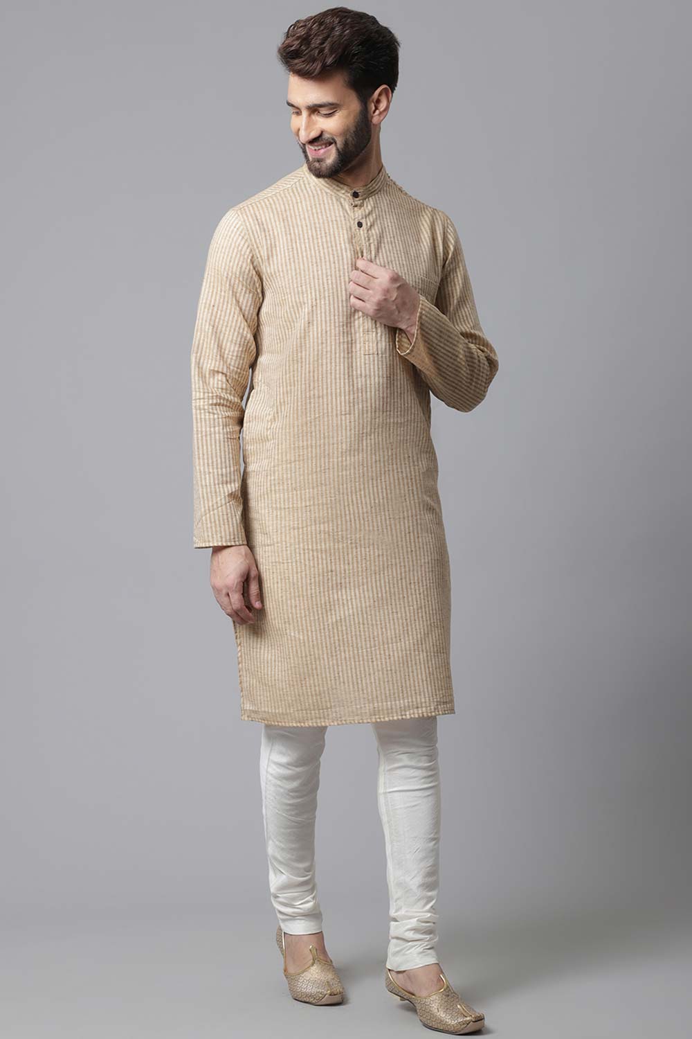 Buy Men's Beige Cotton Stripes Long Kurta Online - KARMAPLACE