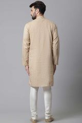 Buy Men's Beige Cotton Stripes Long Kurta Online - KARMAPLACE