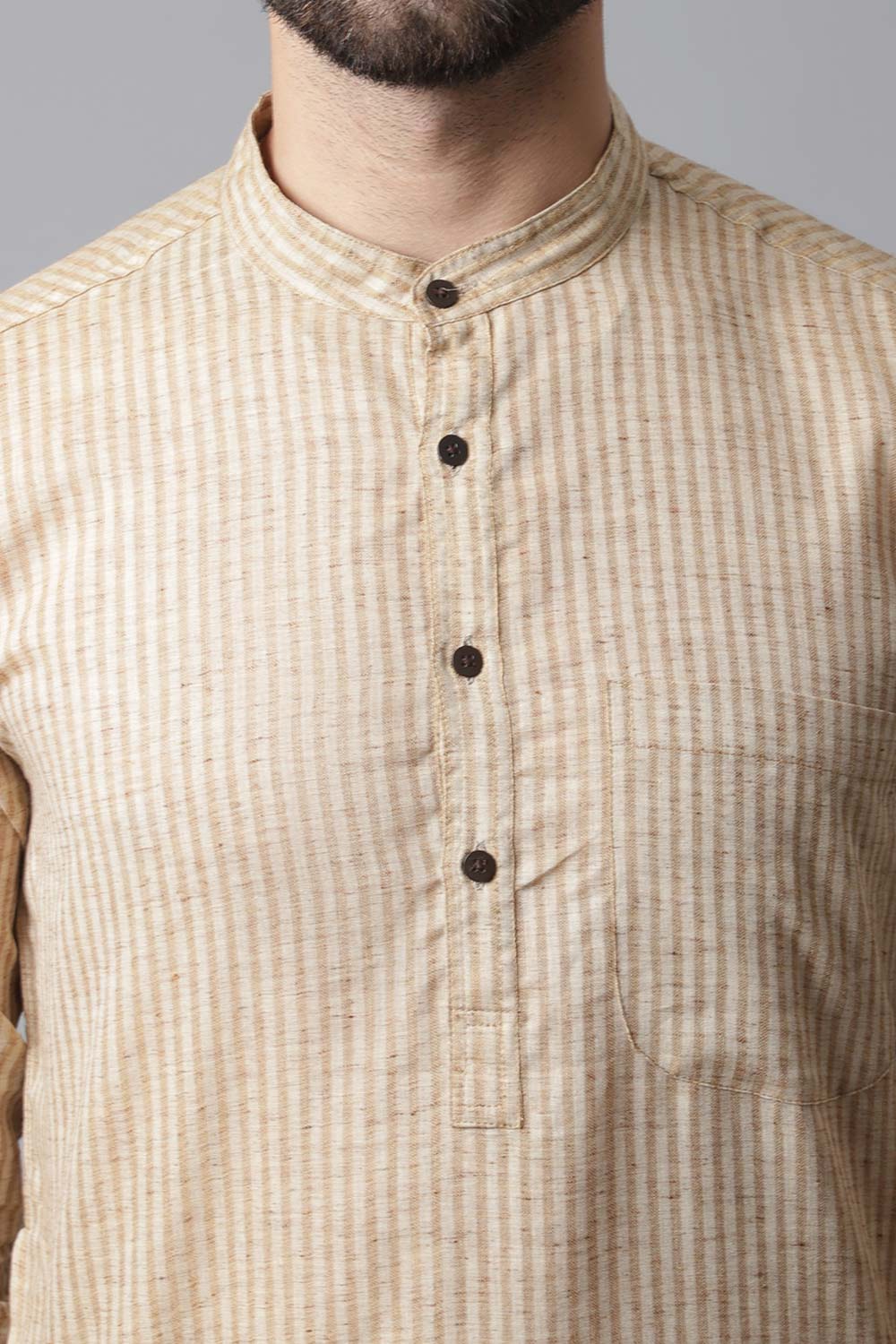 Buy Men's Beige Cotton Stripes Long Kurta Online - KARMAPLACE