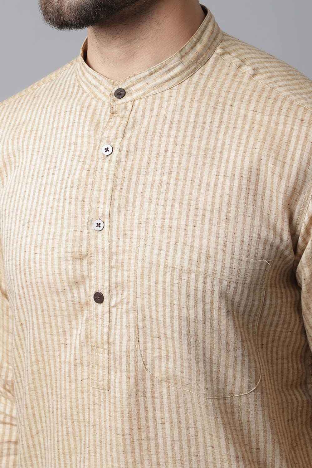 Buy Men's Beige Cotton Stripes Long Kurta Online - KARMAPLACE