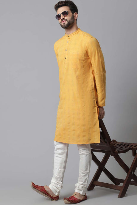 Buy Men's Yellow Cotton Self-design Long Kurta Online - KARMAPLACE