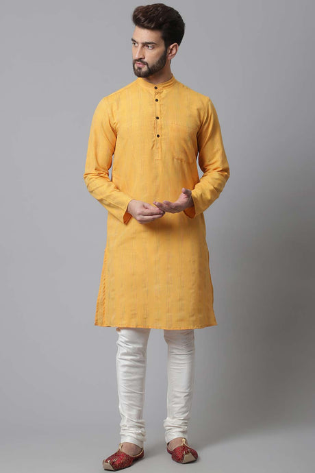 Buy Men's Yellow Cotton Self-design Long Kurta Online - KARMAPLACE