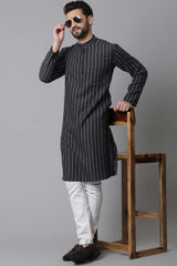 Buy Men's Black Cotton Stripes Long Kurta Online - KARMAPLACE