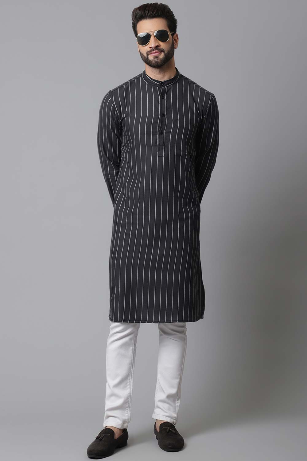 Buy Men's Black Cotton Stripes Long Kurta Online - KARMAPLACE