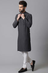 Buy Men's Black Cotton Stripes Long Kurta Online - KARMAPLACE