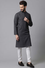 Buy Men's Black Cotton Stripes Long Kurta Online - KARMAPLACE