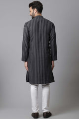 Buy Men's Black Cotton Stripes Long Kurta Online - KARMAPLACE