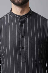 Buy Men's Black Cotton Stripes Long Kurta Online - KARMAPLACE