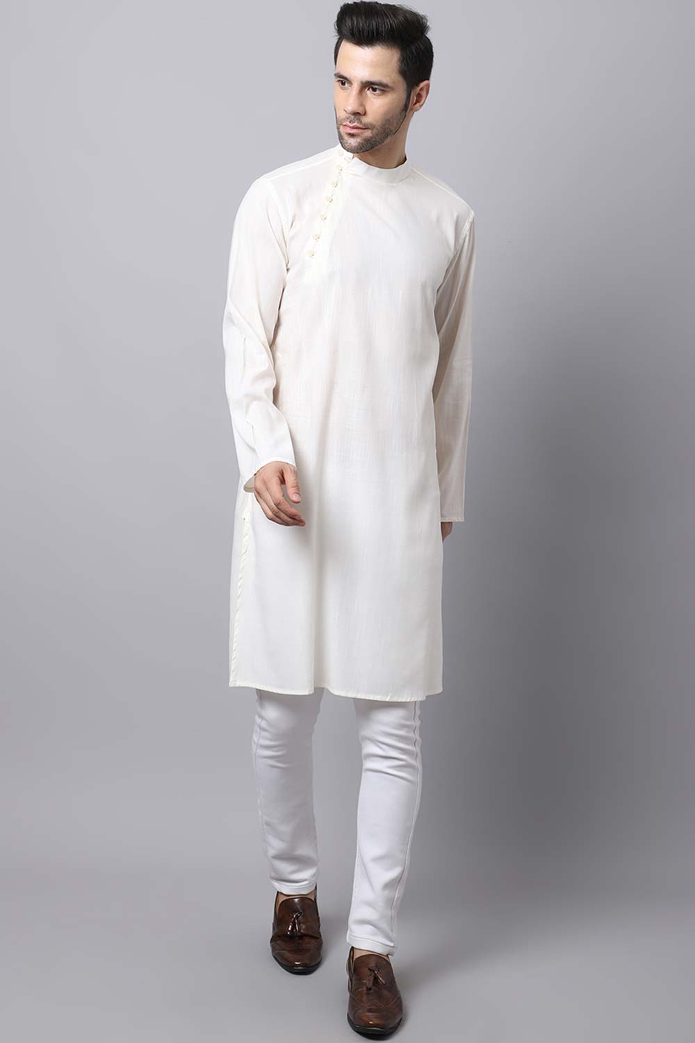 Men's Light White Solid Full Sleeve Long Kurta Top