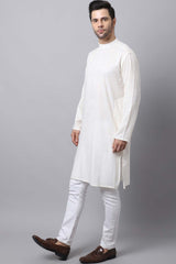 Men's Light White Solid Full Sleeve Long Kurta Top