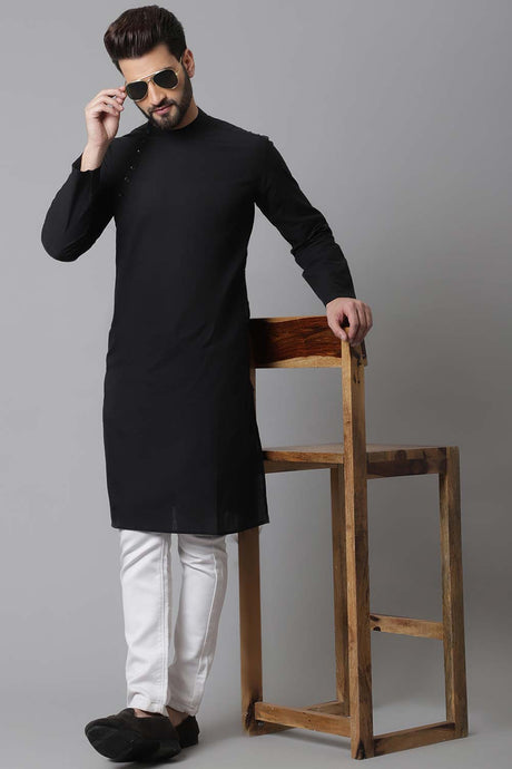 Buy Men's Black Cotton Checks Long Kurta Online - KARMAPLACE