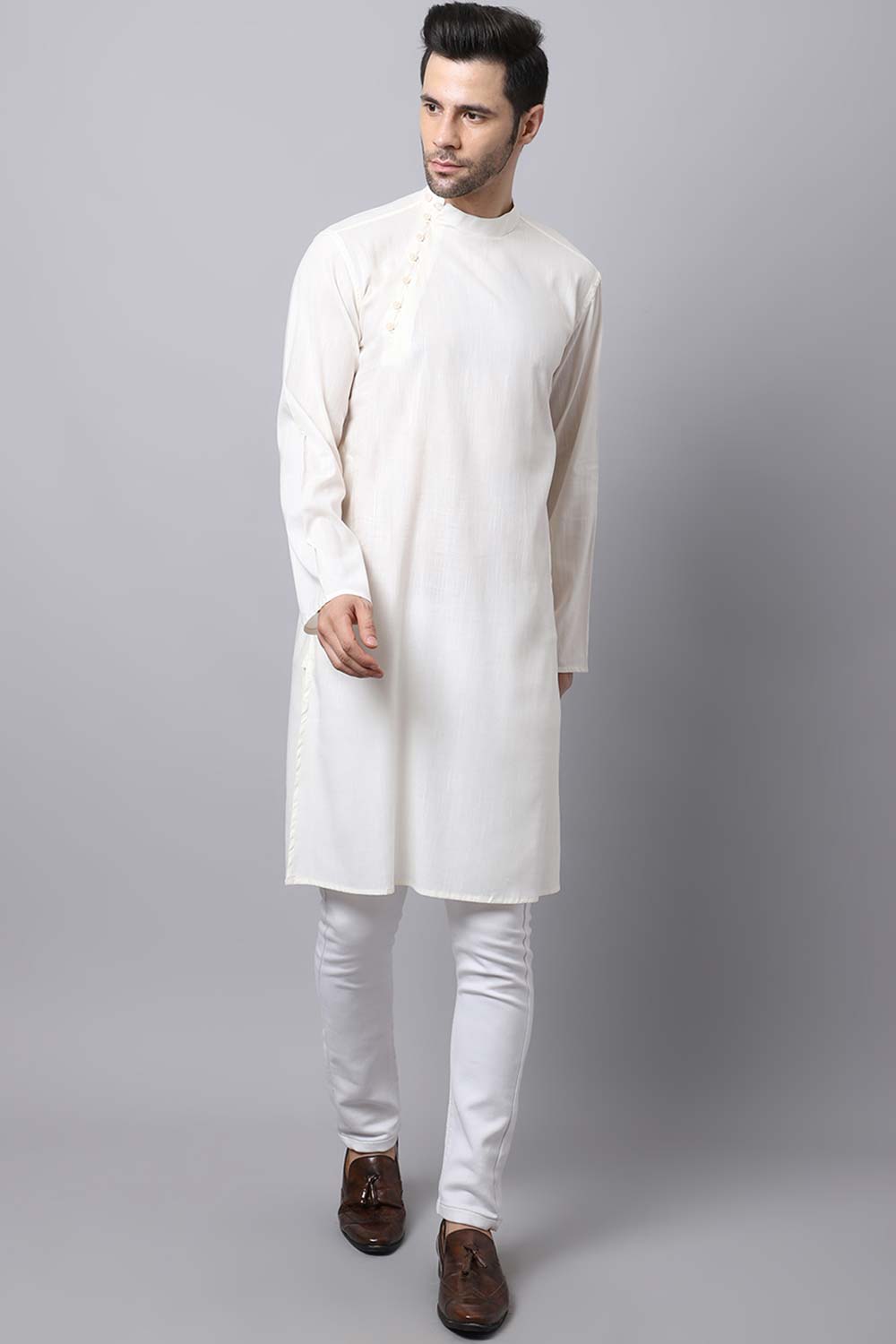 Men's Light White Solid Full Sleeve Long Kurta Top