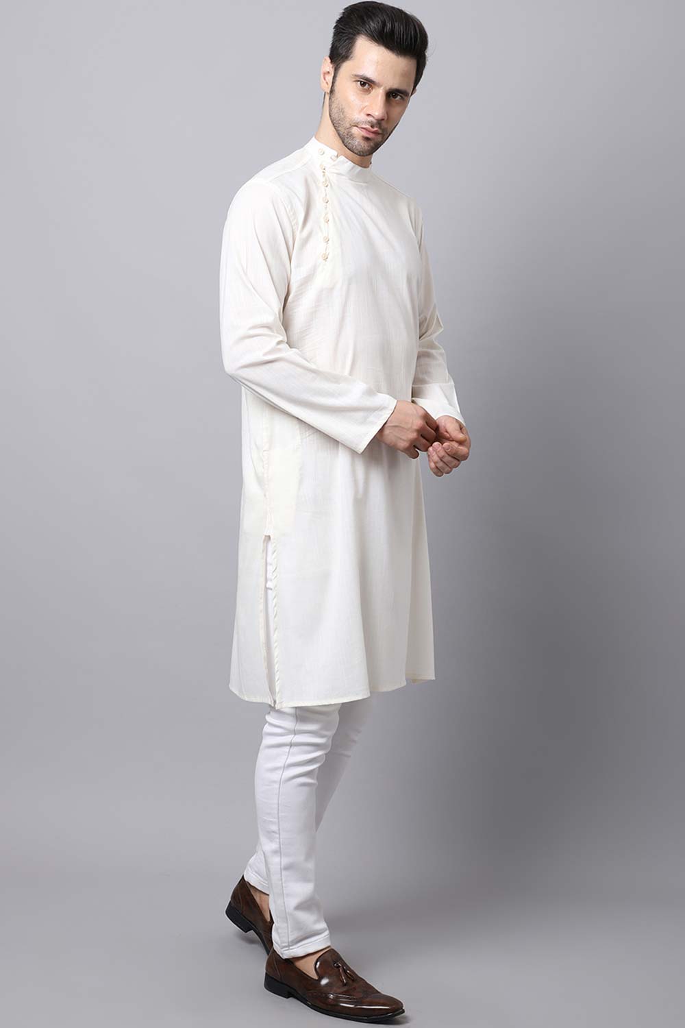 Men's Light White Solid Full Sleeve Long Kurta Top