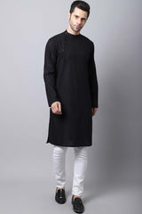 Men's Dark Black Self-Design Full Sleeve Long Kurta Top