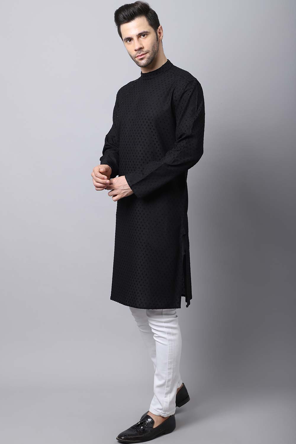 Men's Dark Black Self-Design Full Sleeve Long Kurta Top