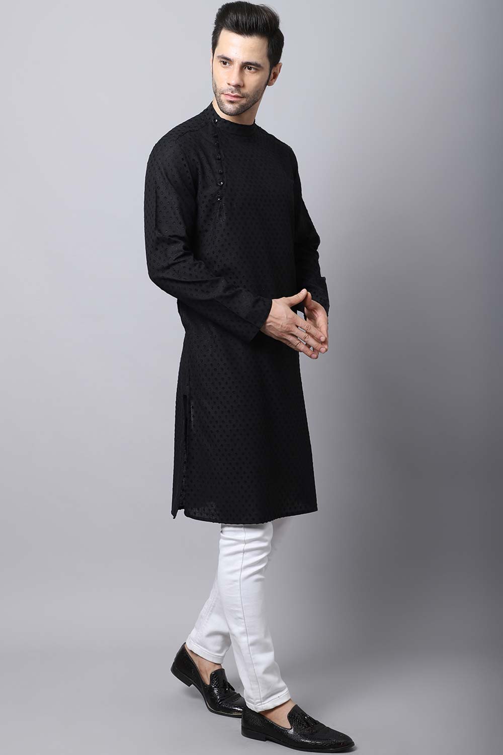 Men's Dark Black Self-Design Full Sleeve Long Kurta Top