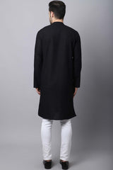 Men's Dark Black Self-Design Full Sleeve Long Kurta Top