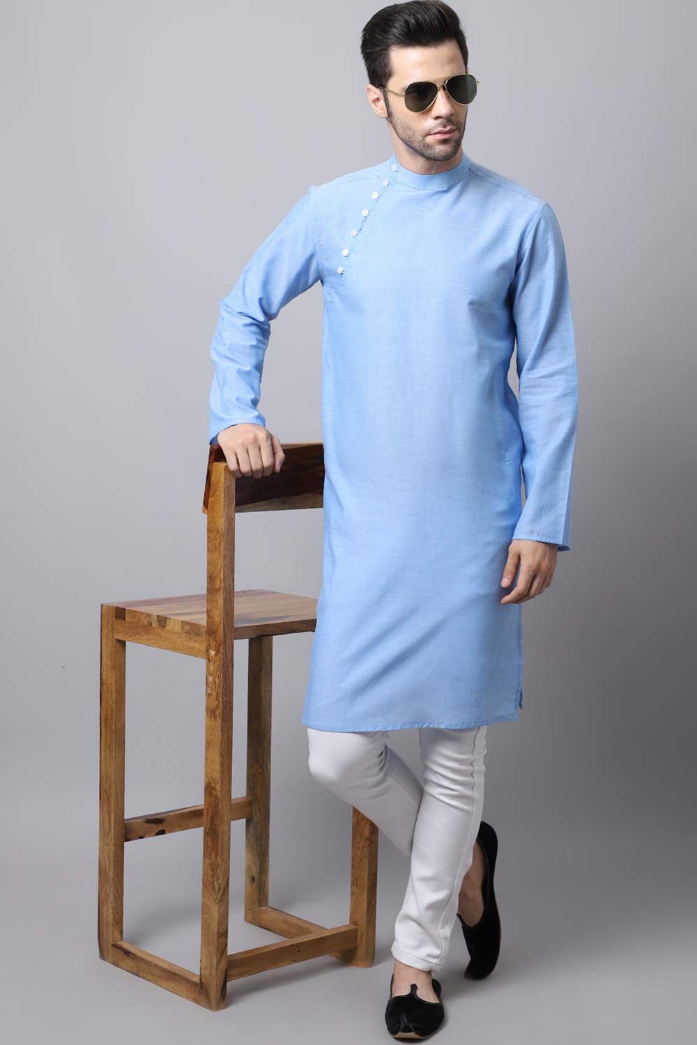 Men's Light Blue Self-Design Full Sleeve Long Kurta Top