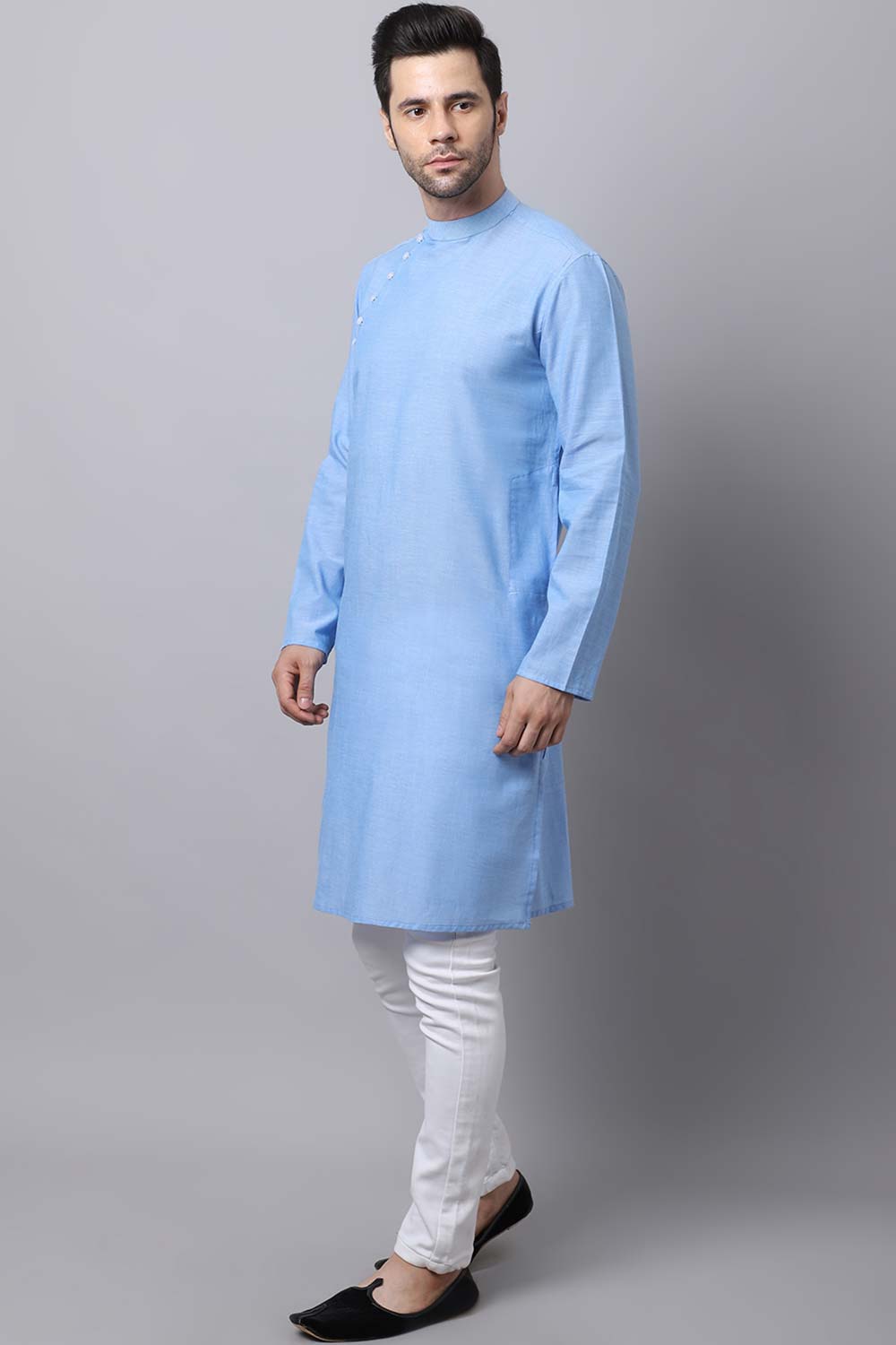 Men's Light Blue Self-Design Full Sleeve Long Kurta Top