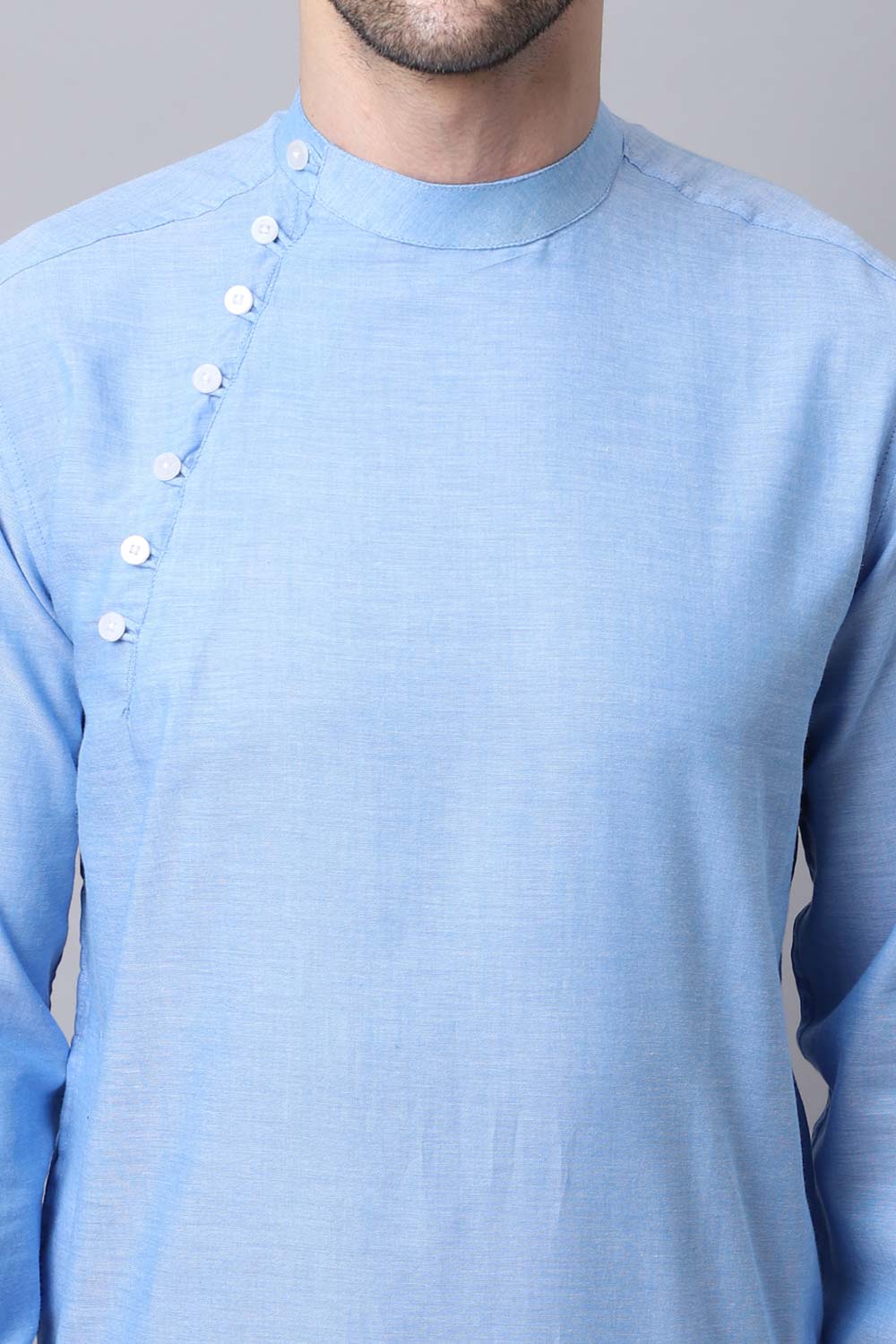 Men's Light Blue Self-Design Full Sleeve Long Kurta Top