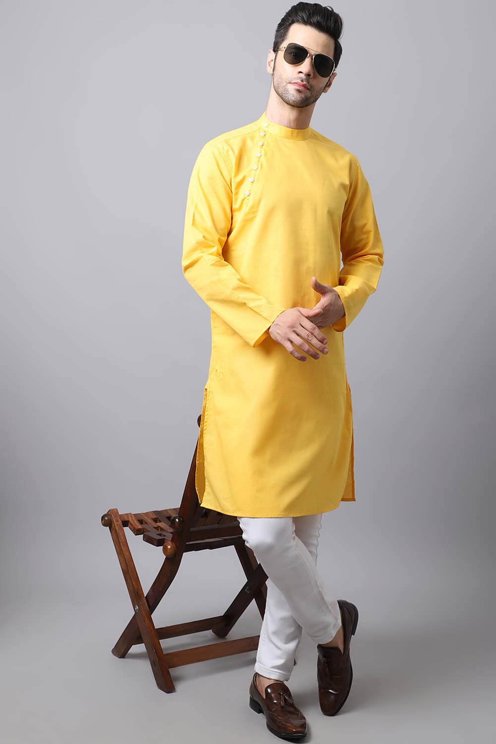 Men's Light Yellow Self-Design Full Sleeve Long Kurta Top