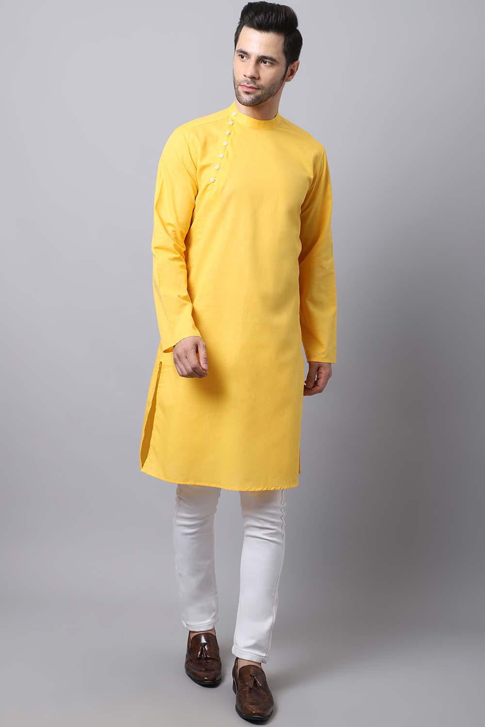 Men's Light Yellow Self-Design Full Sleeve Long Kurta Top