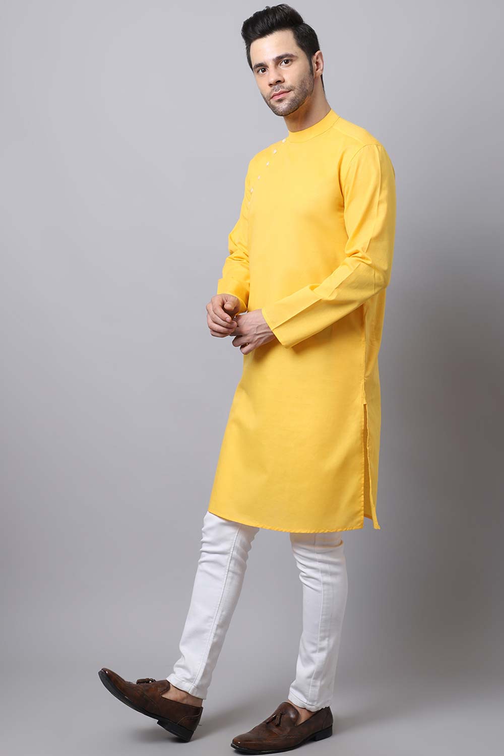 Men's Light Yellow Self-Design Full Sleeve Long Kurta Top