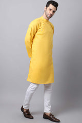 Men's Light Yellow Self-Design Full Sleeve Long Kurta Top