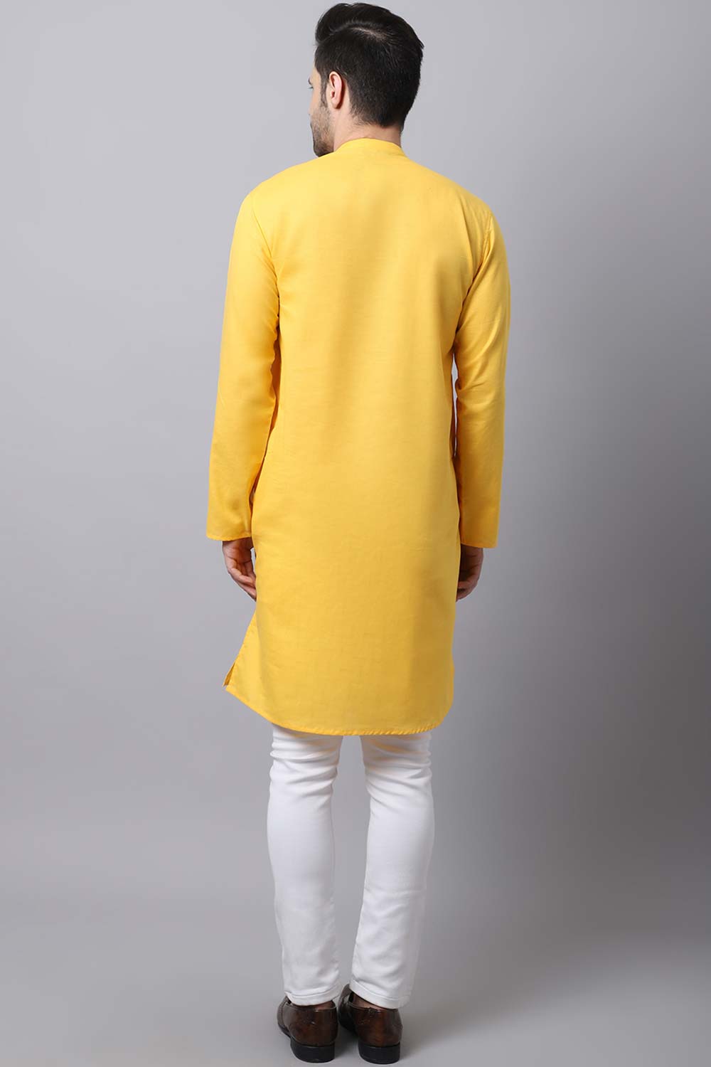 Men's Light Yellow Self-Design Full Sleeve Long Kurta Top