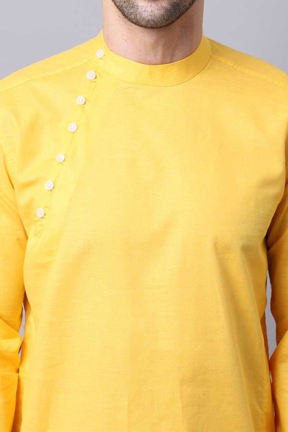 Men's Light Yellow Self-Design Full Sleeve Long Kurta Top