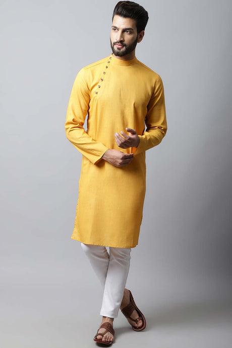 Men's Light Yellow Solid Full Sleeve Short Kurta Top