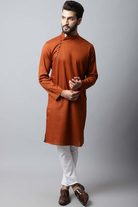 Men's Dark Brown Self-Design Full Sleeve Long Kurta Top