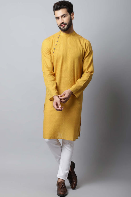Men's Light Yellow Self-Design Full Sleeve Long Kurta Top