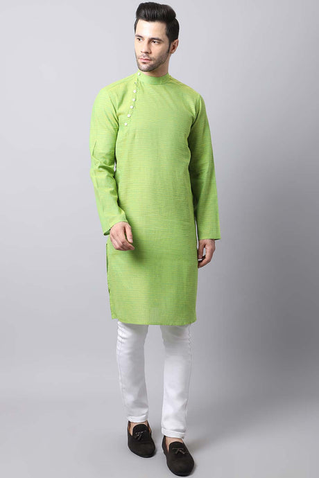 Men's Light Green Solid Full Sleeve Long Kurta Top