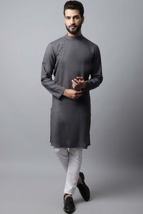 Men's Dark Grey Self-Design Full Sleeve Long Kurta Top