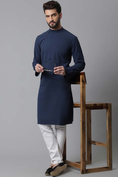 Buy Men's Blue Cotton Stripes Long Kurta Online - KARMAPLACE