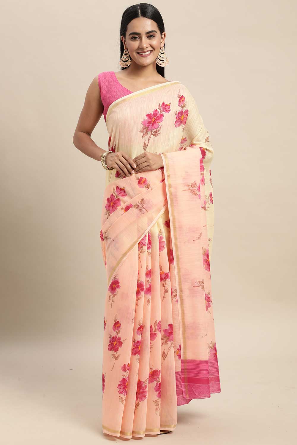 Peach Linen Blend Floral Printed Saree