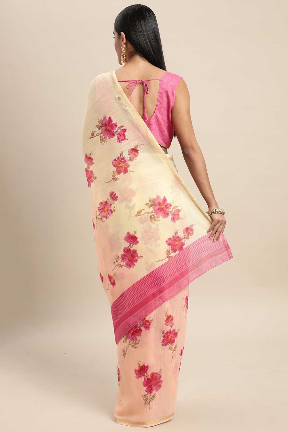 Peach Linen Blend Floral Printed Saree