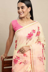 Peach Linen Blend Floral Printed Saree