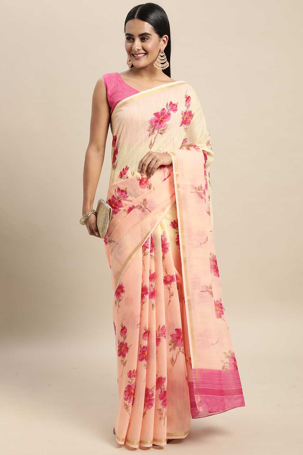 Peach Linen Blend Floral Printed Saree