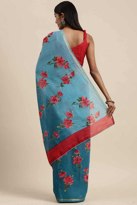 Linen Blend Teal Blue Printed Celebrity Saree With Blouse