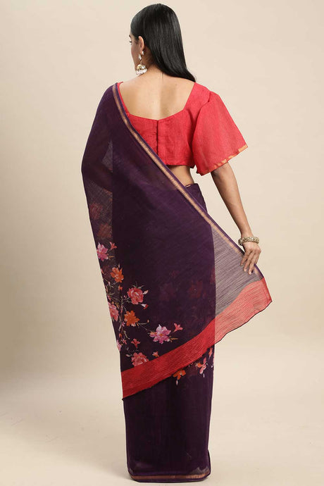 Purple Linen Blend Floral Printed Saree