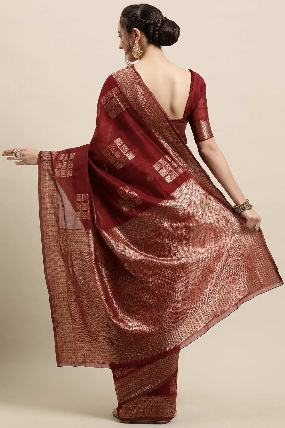 Buy Linen Woven Saree in Rust Online - Back