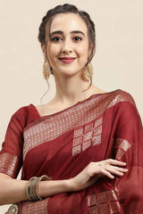 Buy Linen Woven Saree in Rust Online - Front