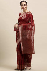 Buy Linen Woven Saree in Rust Online - Zoom In