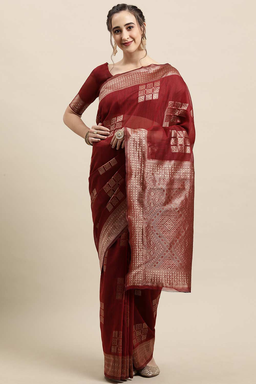 Buy Linen Woven Saree in Rust Online