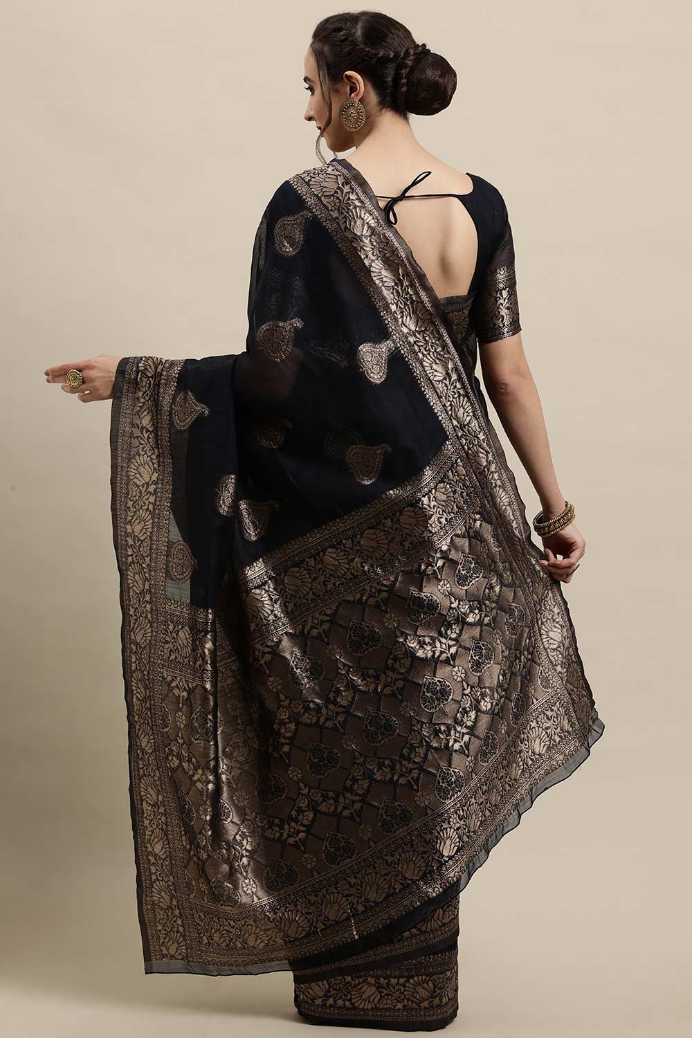 Buy Linen Woven Saree in Navy Blue Online - Back